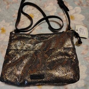 Fossil Metallic Snake-Print Crossbody in Brown and Gold